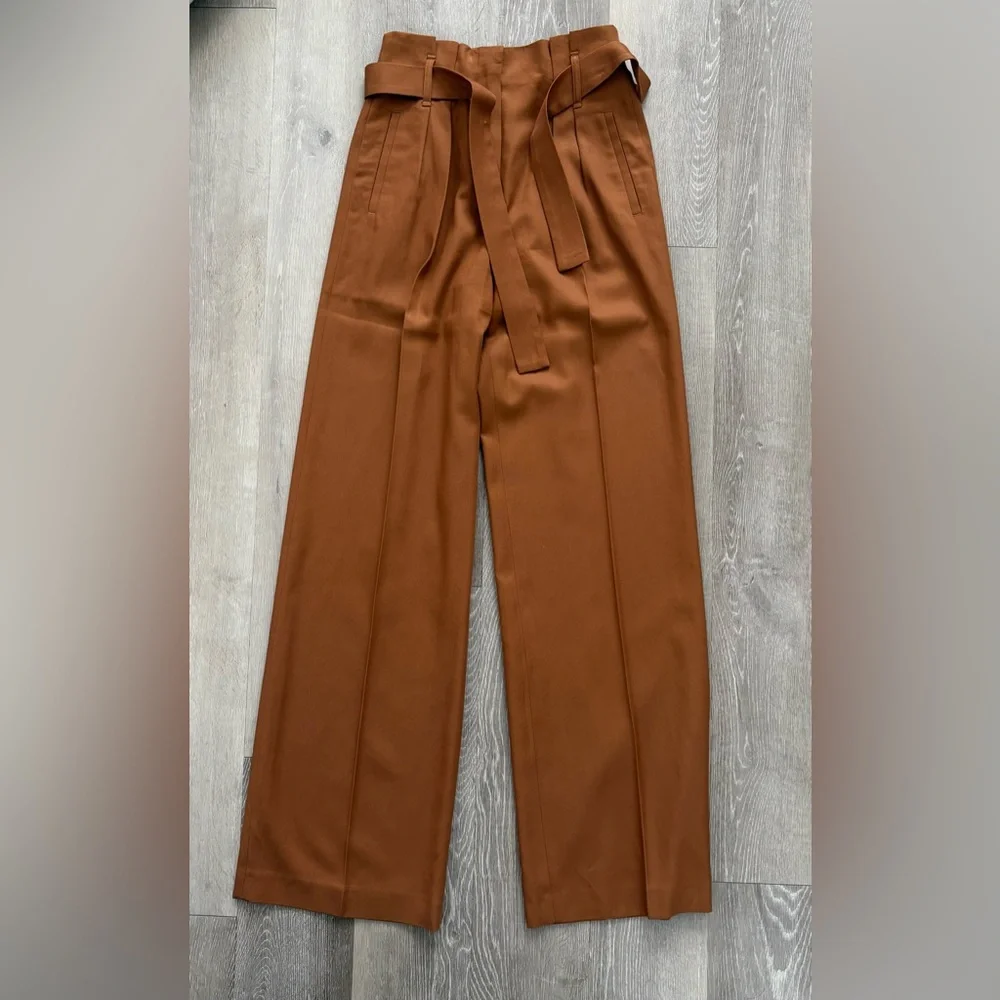 Sezane Arthur Pant in Cafe Brown Belted Wide Leg Trouser Paper Bag Waist Pleated - Picture 4 of 16